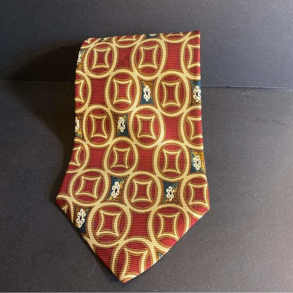 Vintage 90s Christian Dior Cravats 100% Silk Red Gold Geomatic Baroque Print Tie